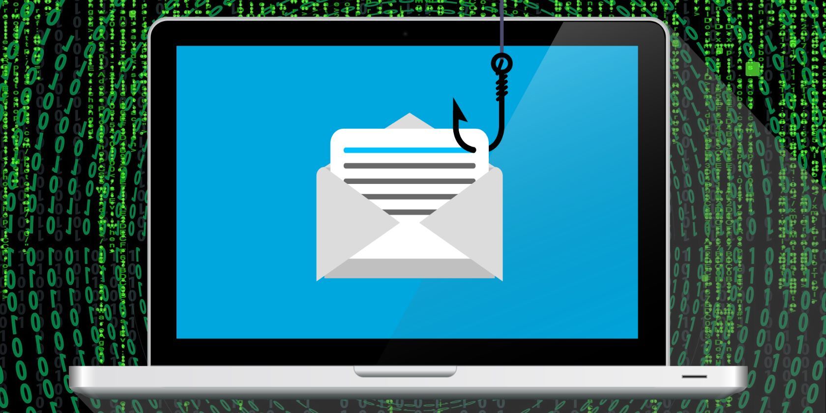 laptop dengan ikon phishing di latar belakang matriks 