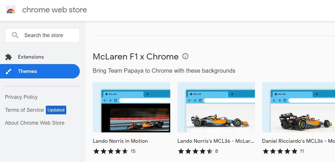 Laman Tema Toko Web Chrome menampilkan Tema McLaren F1