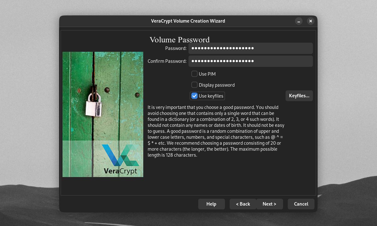 VeraCrypt Volume Creation Wizard Volume Password jendela dengan tombol Use keyfiles dipilih