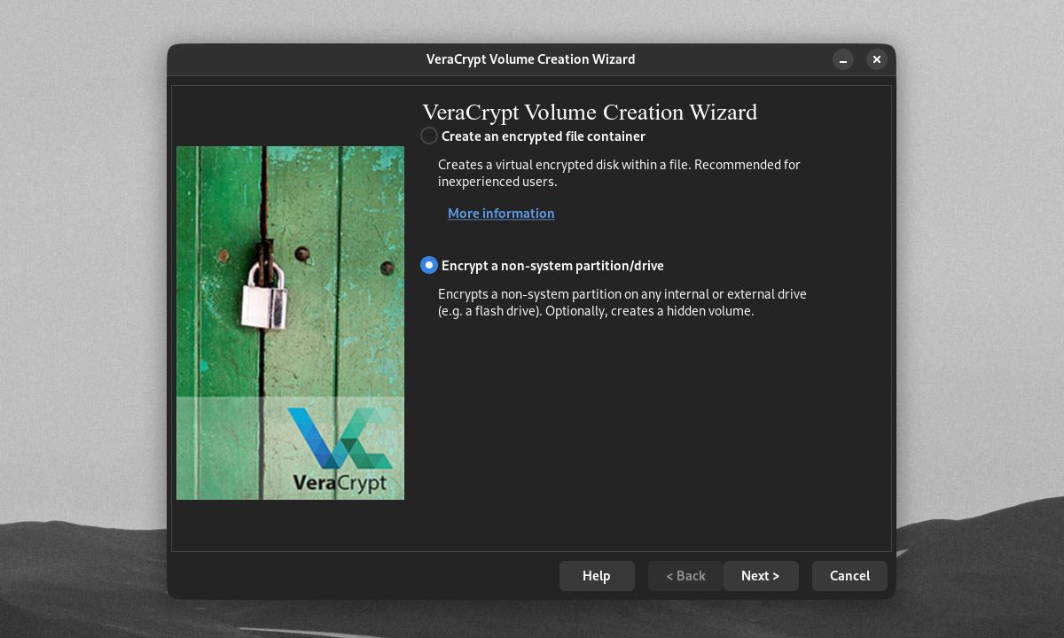 opsi VeraCrypt Volume Creation Wizard untuk mengenkripsi partisi/drive non-sistem