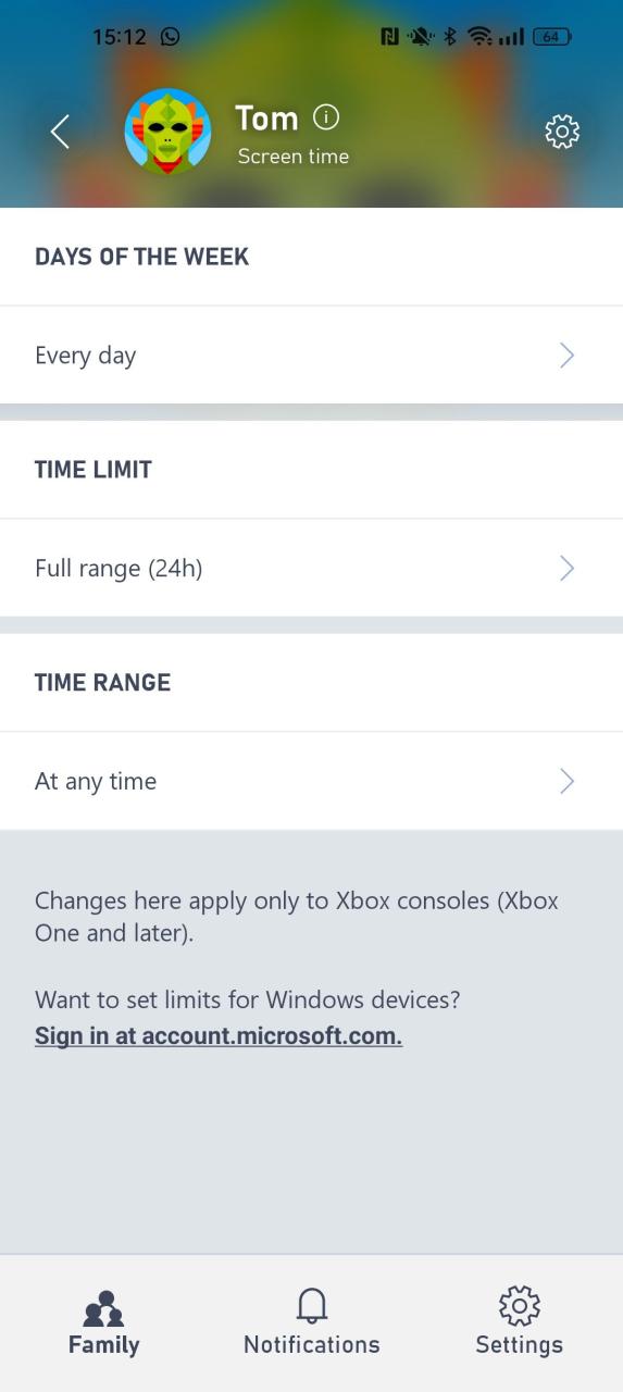 Tangkapan layar menampilkan pengaturan Jadwal untuk opsi orang tua Durasi Layar di aplikasi Pengaturan Keluarga Xbox