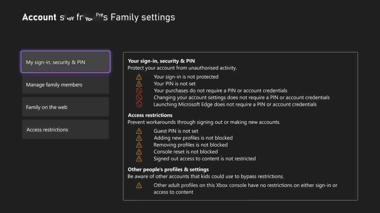 Tangkapan layar menu opsi Pengaturan Keluarga di Xbox Series X 