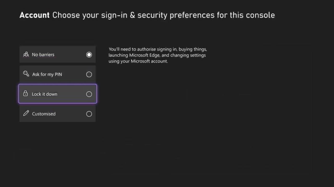 Tangkapan layar opsi Masuk dan Preferensi Keamanan di Xbox Series X dengan Lock It Down disorot 
