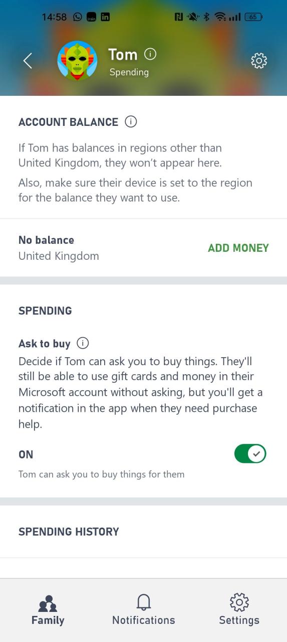 Tangkapan layar kontrol orang tua untuk pengeluaran di aplikasi Xbox Family Settings