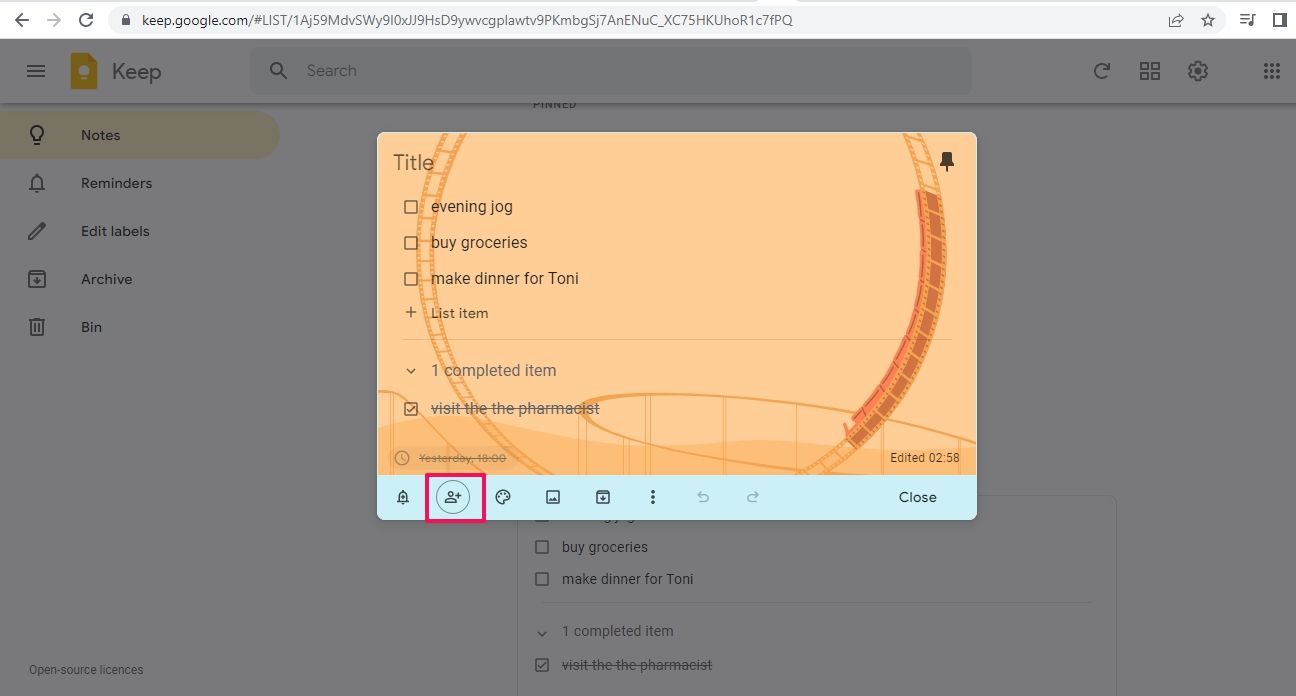 Google Keep 목록에 공동 작업자 추가