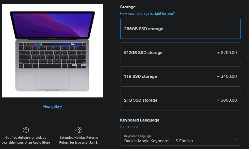 MacBook Pro 스토리지 옵션 2021