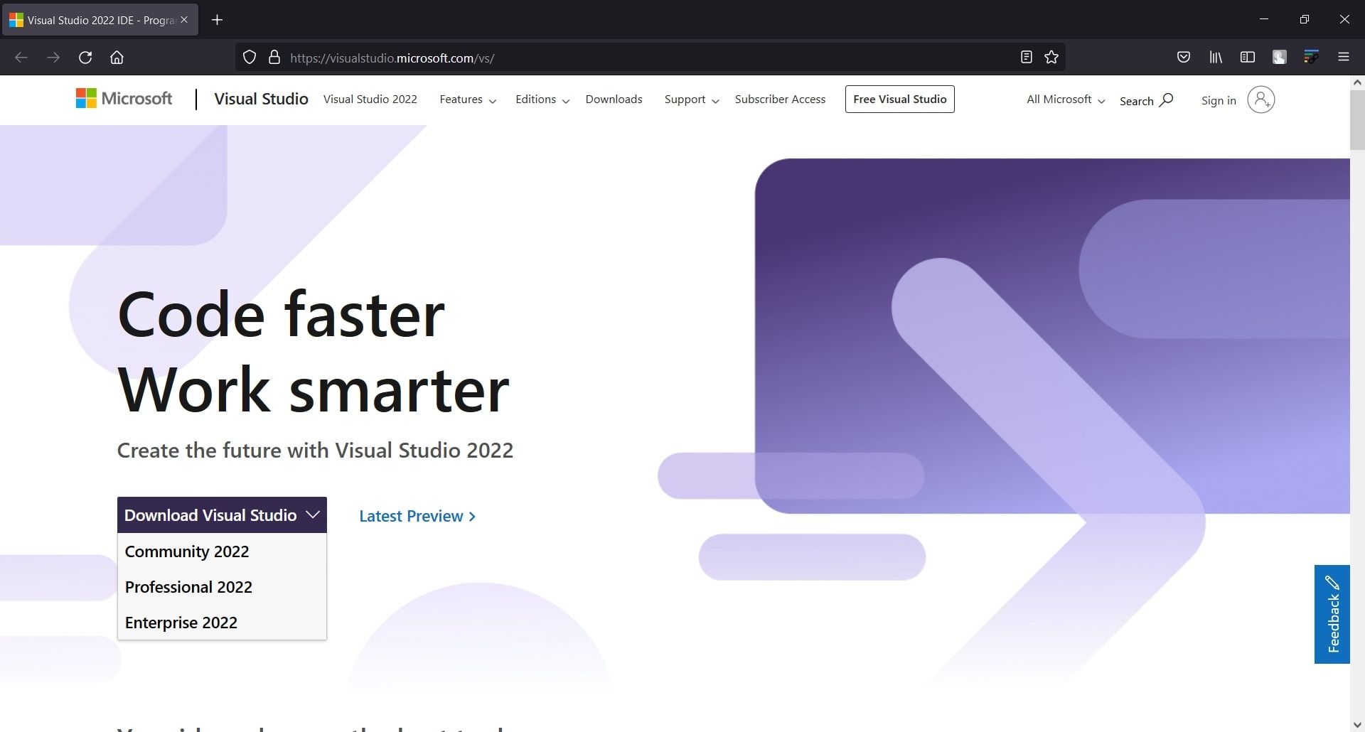 Visual Studio 웹 사이트에 표시되는 다운로드 페이지 