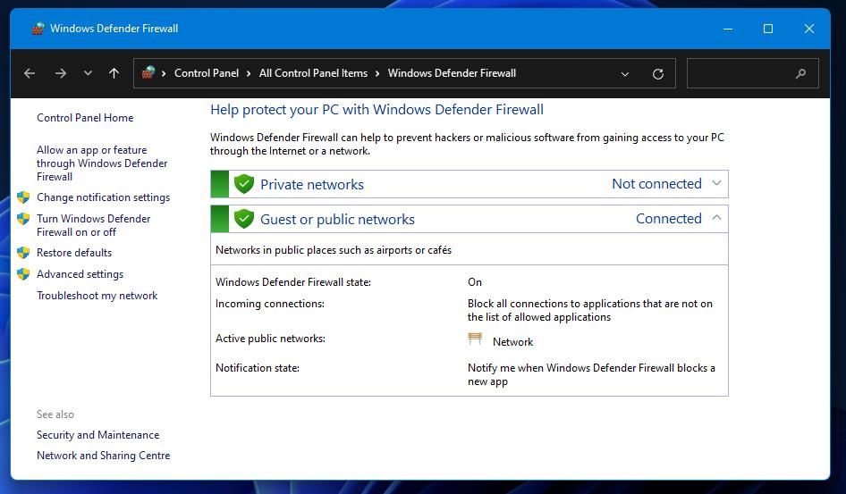 Windows Defender 방화벽용 제어판 애플릿