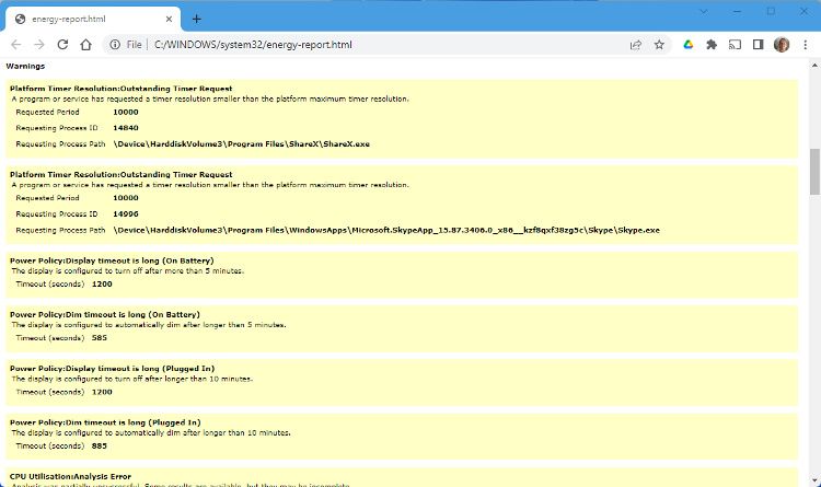 Warnings in a Windows Energy report