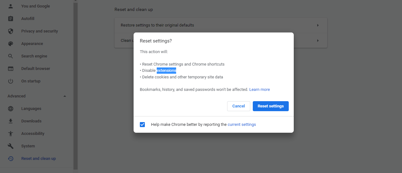 reset chrome settings