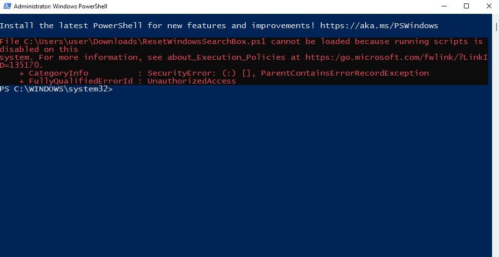 스크립트 실행과 관련된 powershell 오류