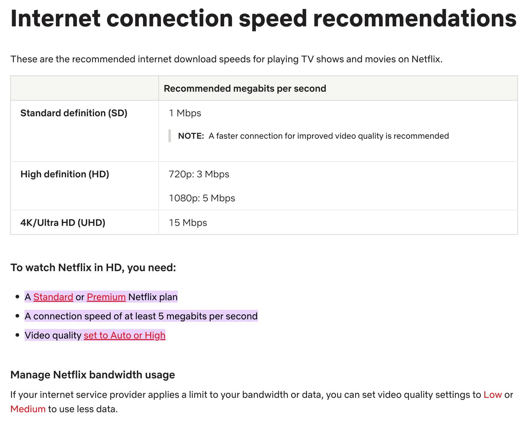 Netflix 인터넷 연결 권장 사항 스크린샷