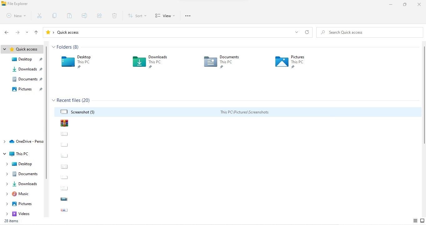 Windows 파일 탐색기의 빠른 액세스에서 최근 파일 섹션으로 이동하여 저장된 스크린샷에 액세스