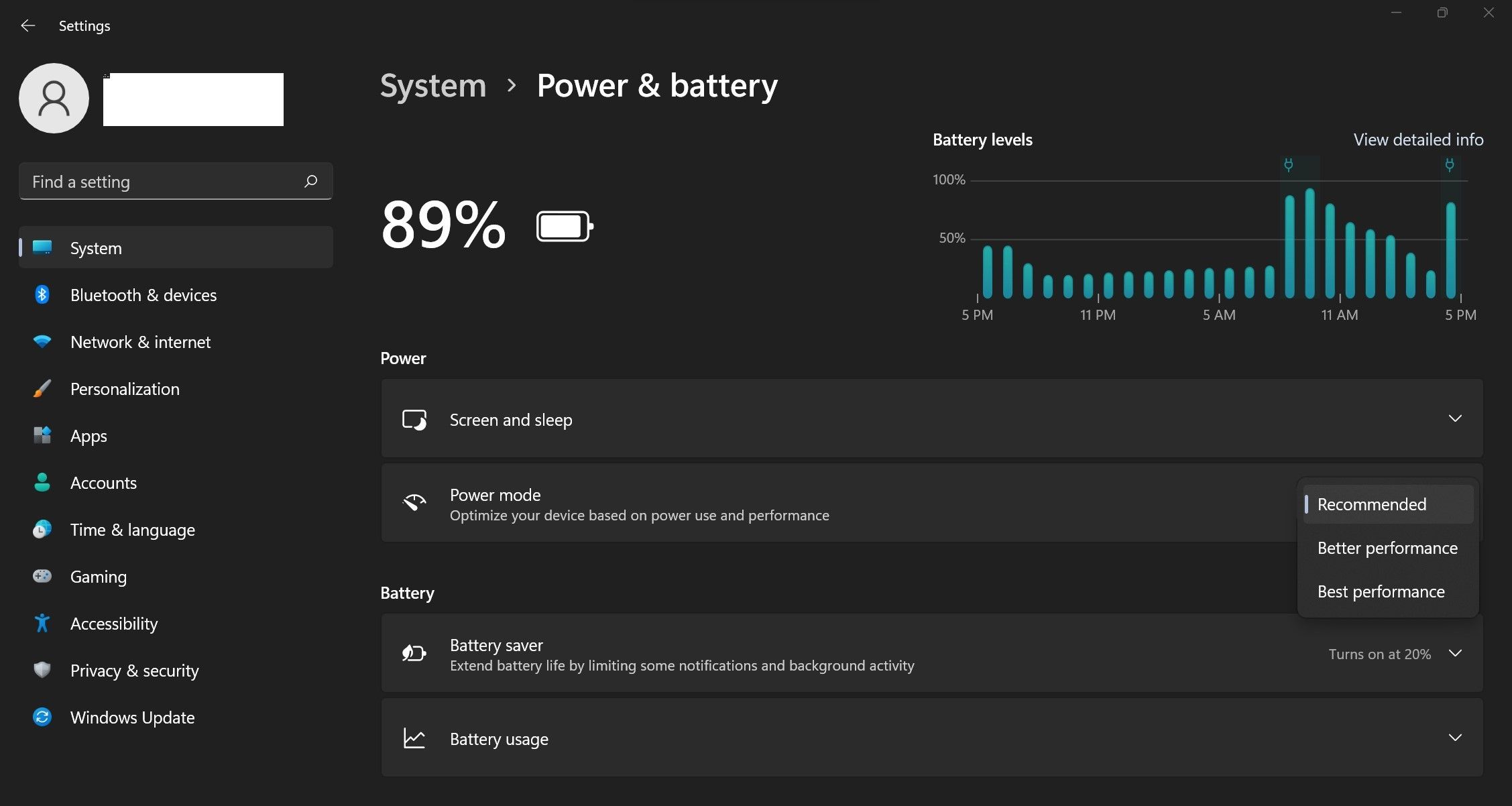 Windows 설정 앱에서 전원 모드 설정 변경