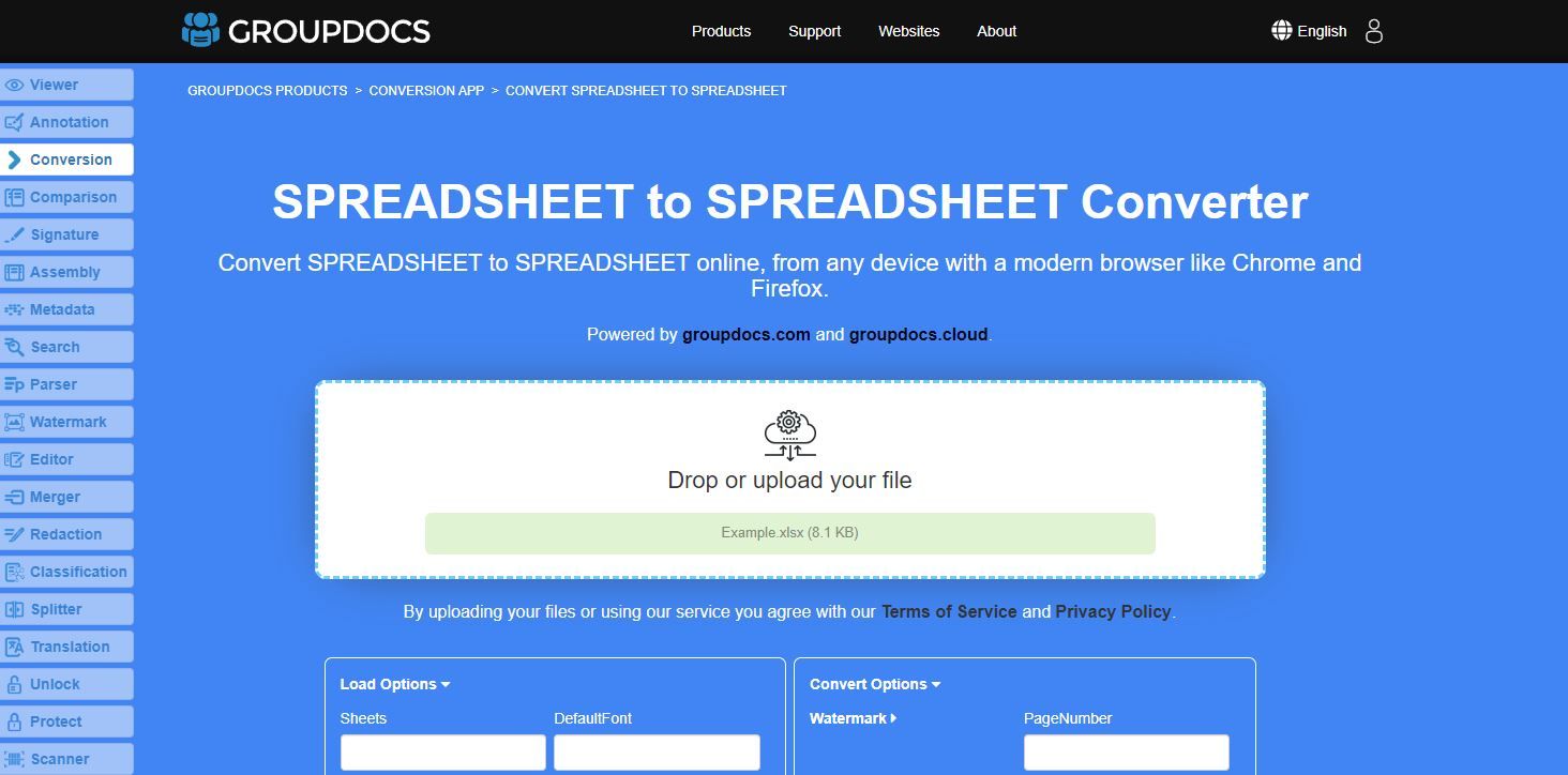 사용 중인 groupdocs 앱 SPREADSHEET에서 SPREADSHEET로 변환기의 스크린샷