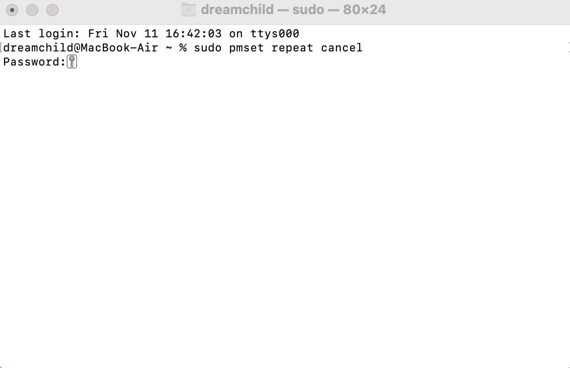 Sudo pmset repeat cancel이 있는 터미널 스크린샷