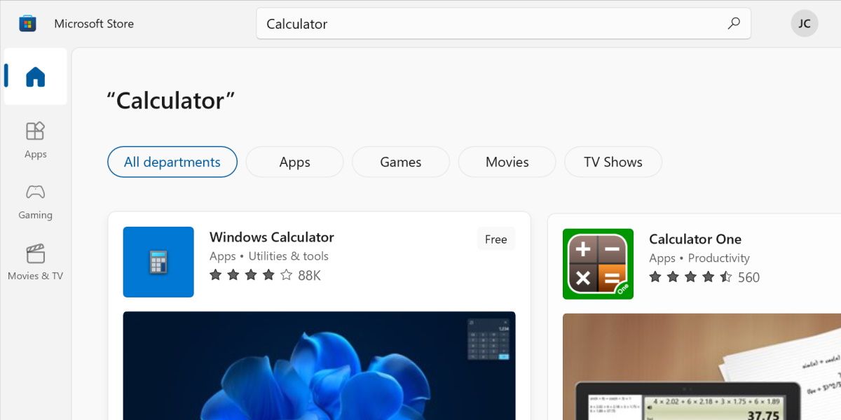 Windows 스토어 계산기 검색 스크린샷