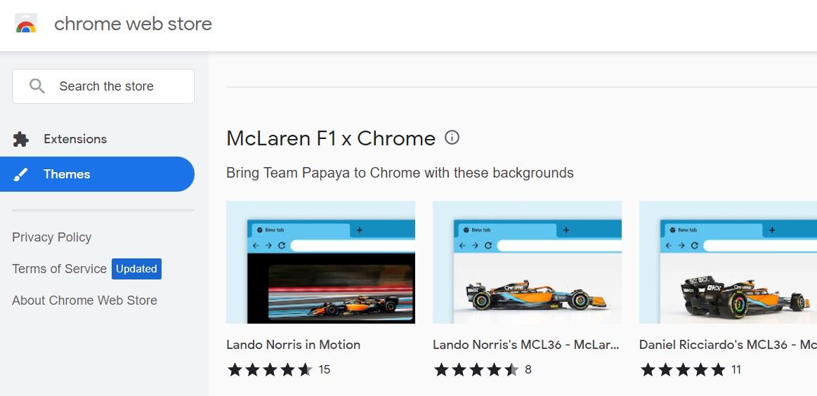 McLaren F1 테마를 보여주는 Chrome 웹 스토어 테마 페이지