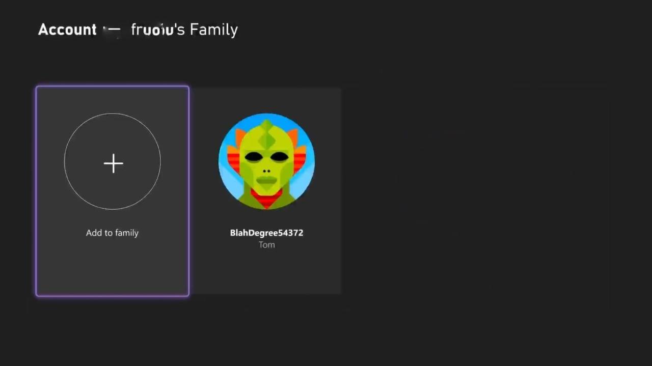가족에 추가가 강조 표시된 Xbox Series X의 가족 설정 관리 화면 스크린샷 