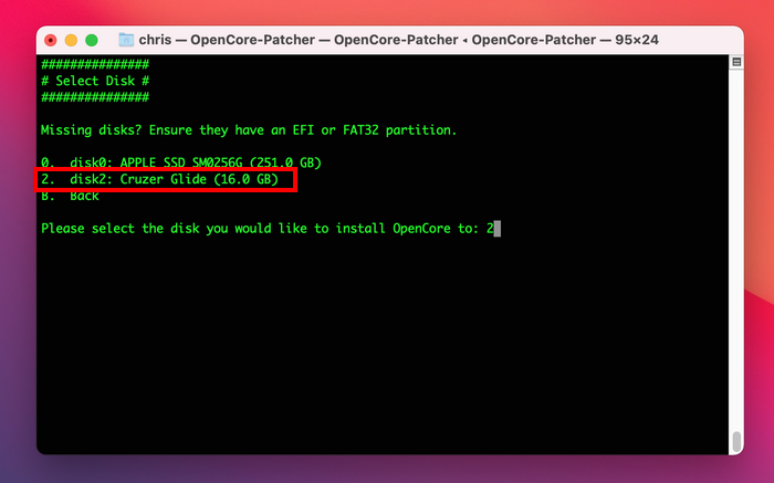 OpenCore Legacy Patcher Select Disk