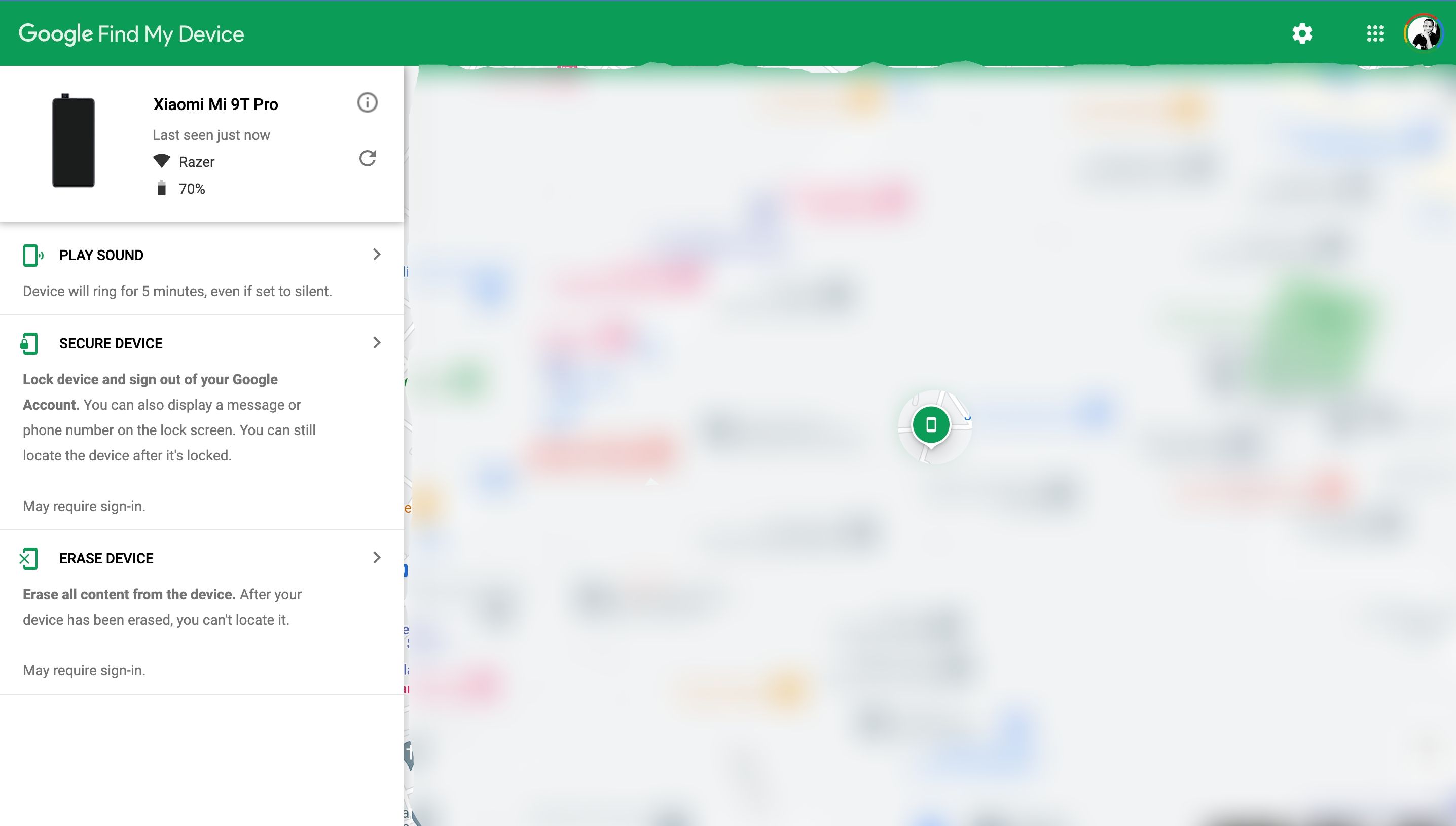 Google Find My Device UI on web