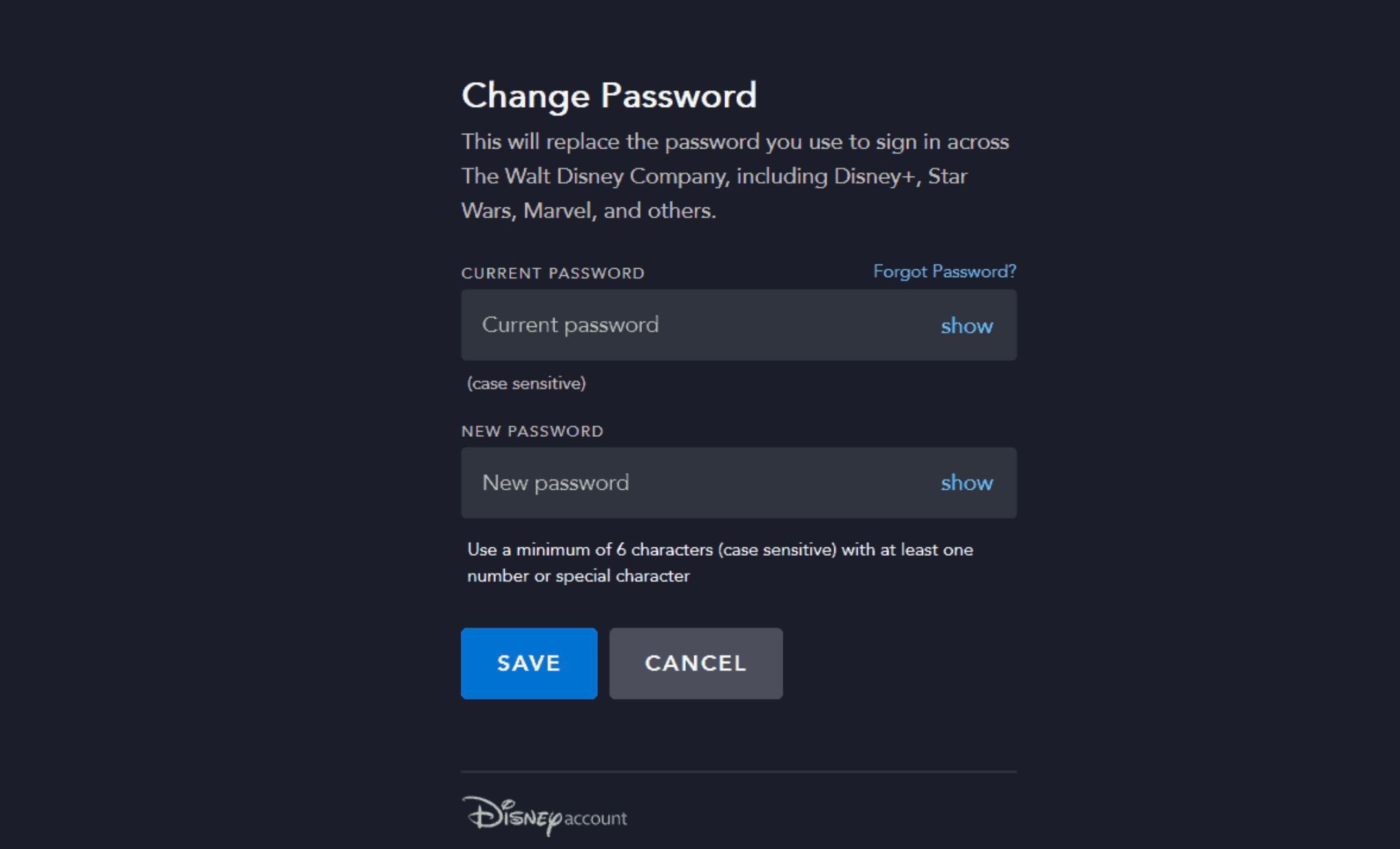 Disney Plus web 應用上的更改密碼頁面