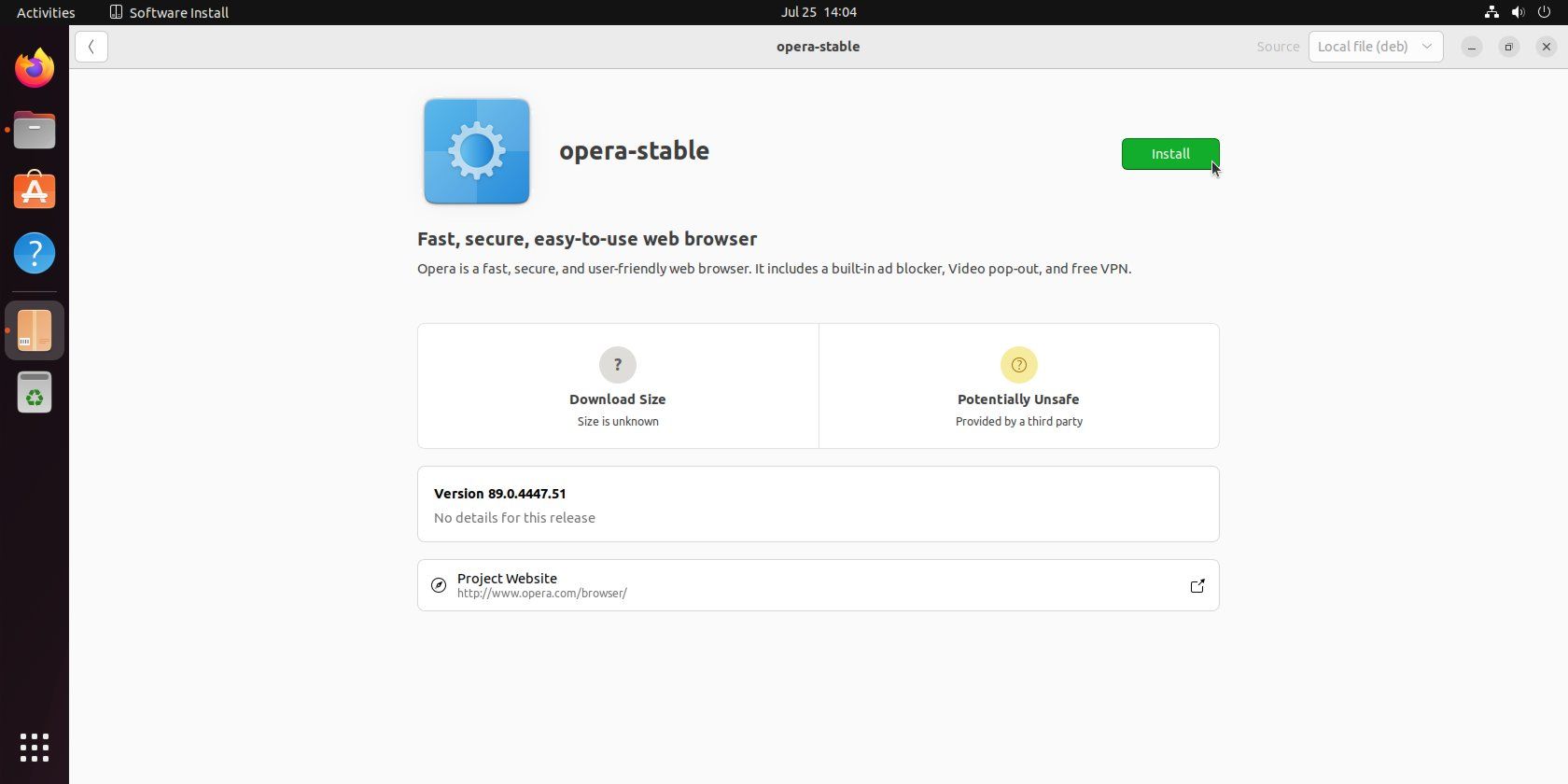 在 GNOME 軟件安裝應用程序中打開的 Opera stable DEB 包。-GUI-03