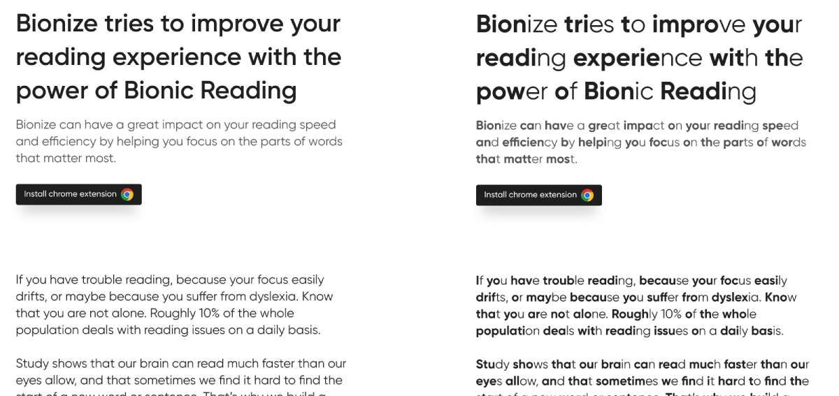 Bionize利用仿生閱讀的方法將文章的某些部分加粗，幫助您更快地掃描文本