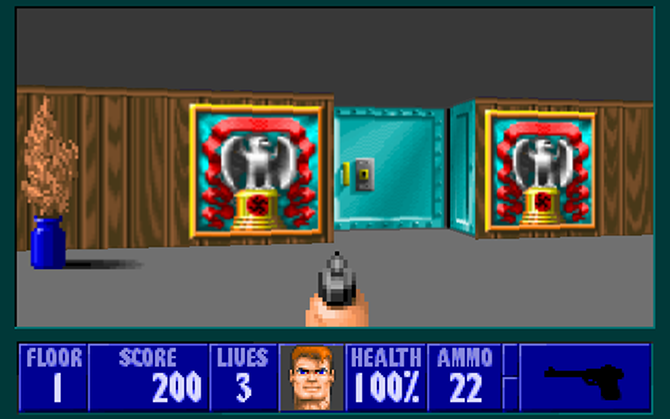 玩家站在瀏覽器上鎖著的門前 FPS Wolfenstein 3D