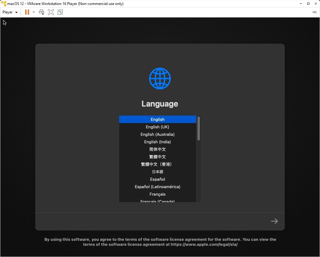 macos monterey vmware 虛擬機選擇語言