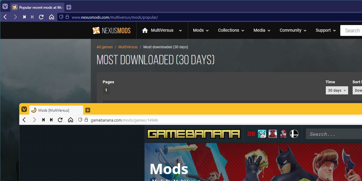 multiversus nexus頁面和gamebanana頁面截圖