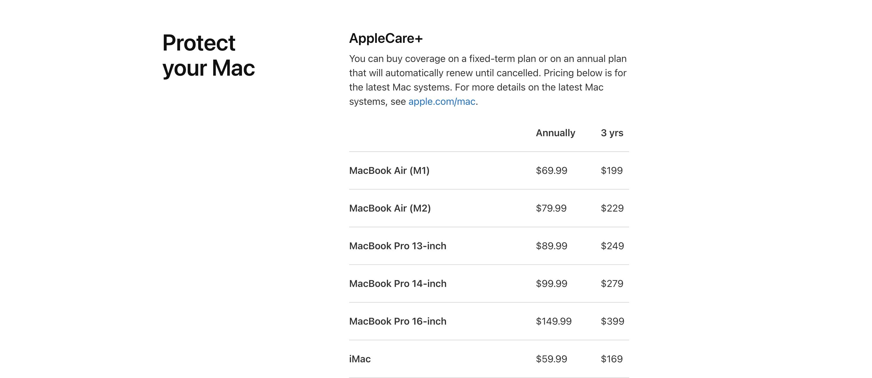 AppleCare+ Mac Pricing on Apple\'s Website