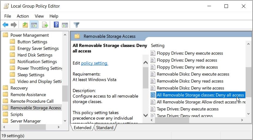 點擊LGPE中的“All Removable Storage classes Deny all access”選項