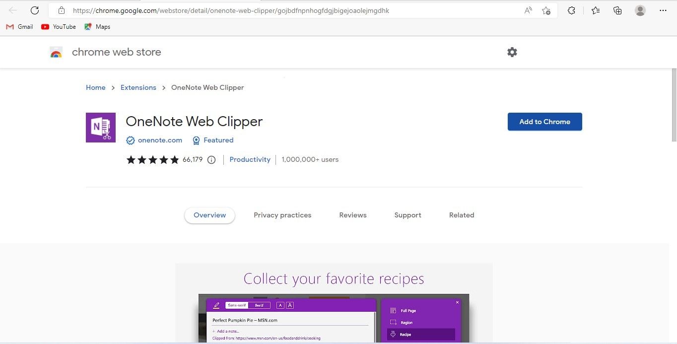 通過單擊添加到 Chrome 按鈕將 OneNote Web Clipper 擴展添加到 Chrome