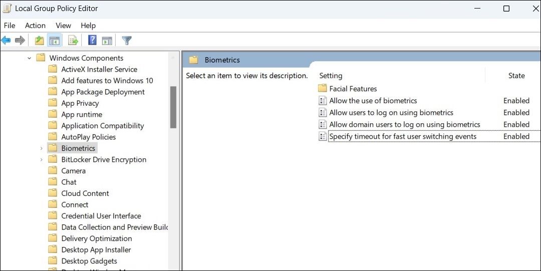 本地組策略編輯器窗口中的生物識別策略