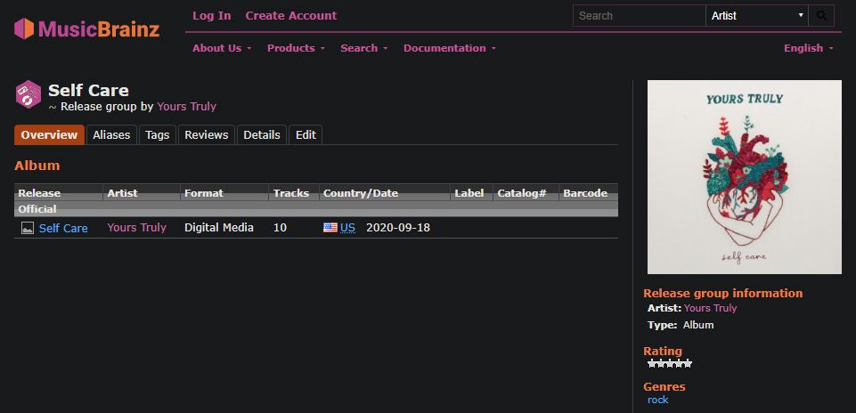 MusicBrainz Yours Truly Album Page