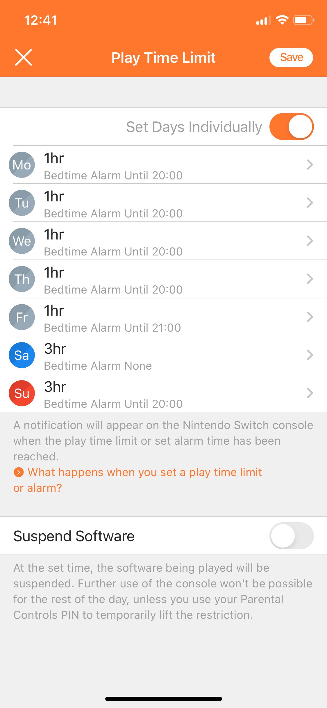 Play Time Limit with individual day settings