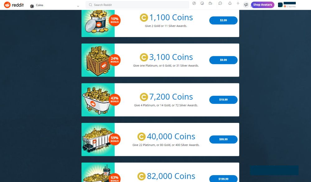 Reddit Coins 的定價層