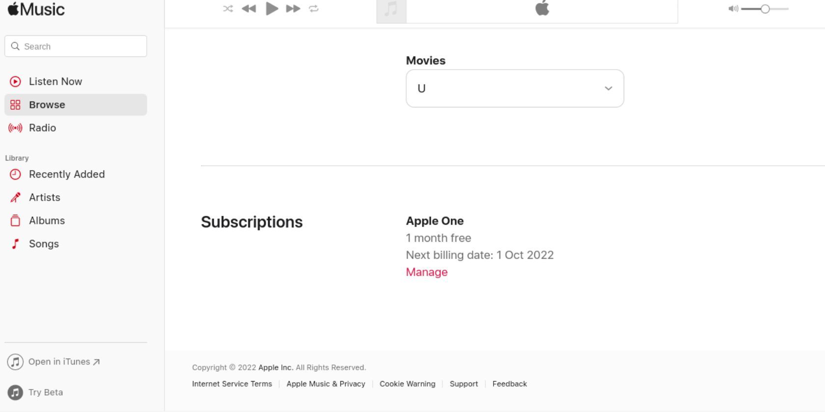 Apple Music 網絡應用上的管理訂閱頁面