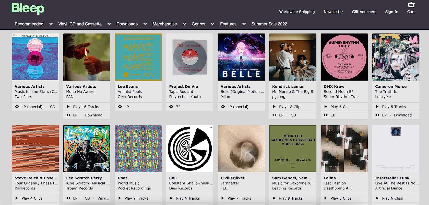 來自名為 Bleep 的在線音樂零售商的屏幕截圖。