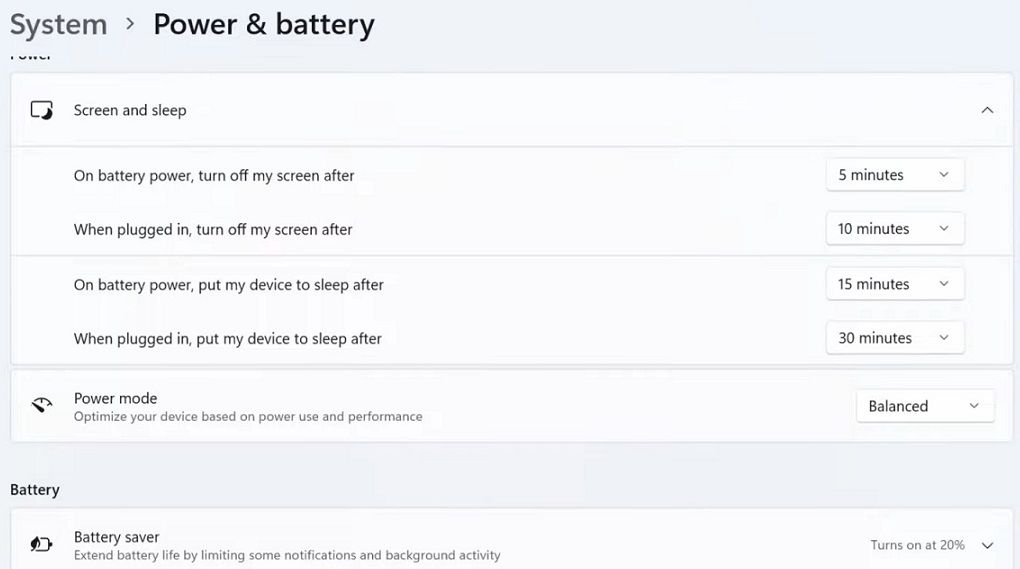 Windows 11 中的電源和電池設置