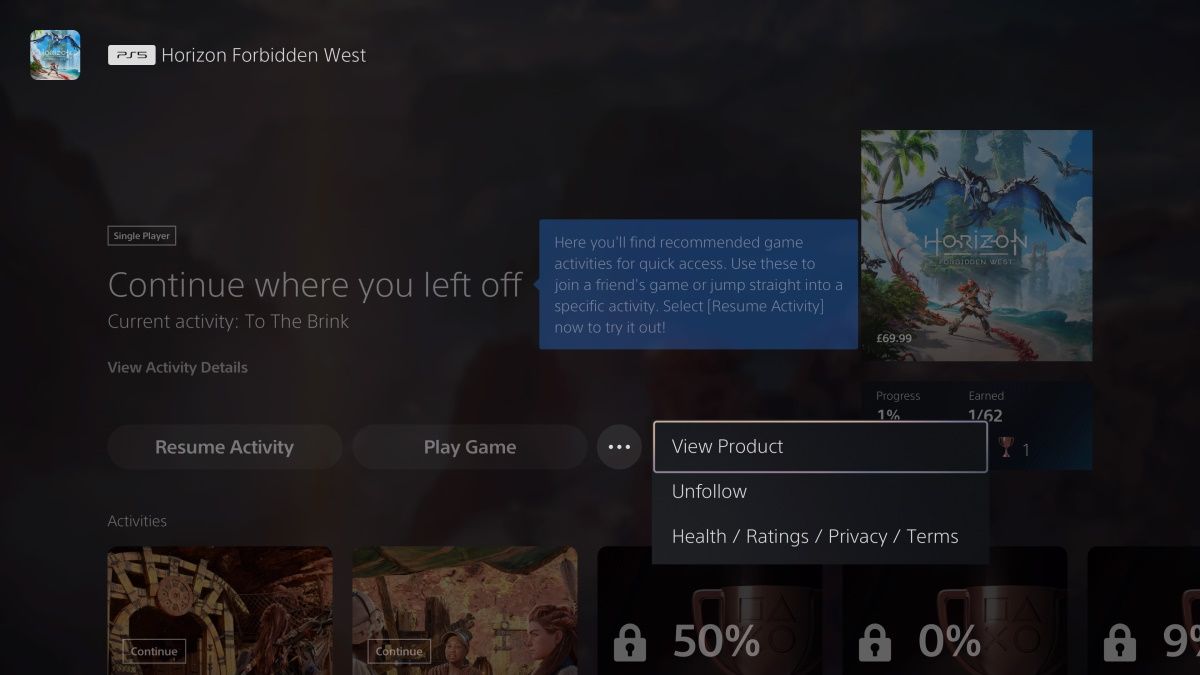 顯示 PS5 上查看產品選項的屏幕截圖