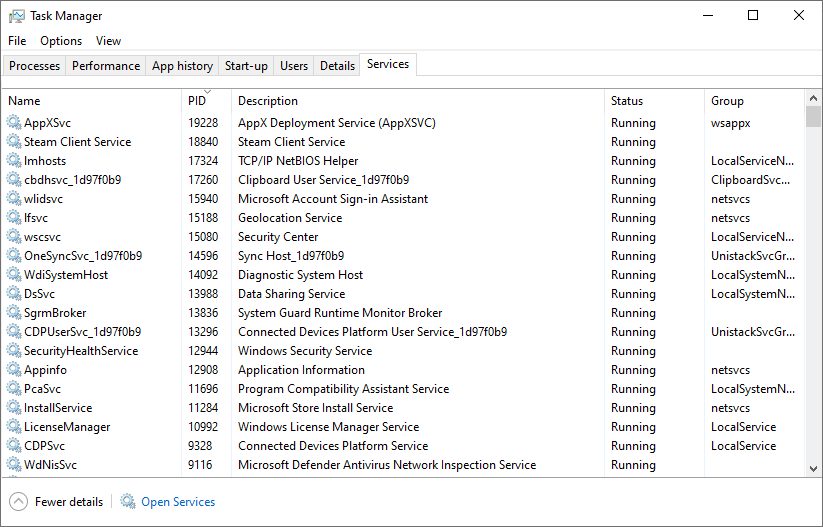 windows taskmanager services tab