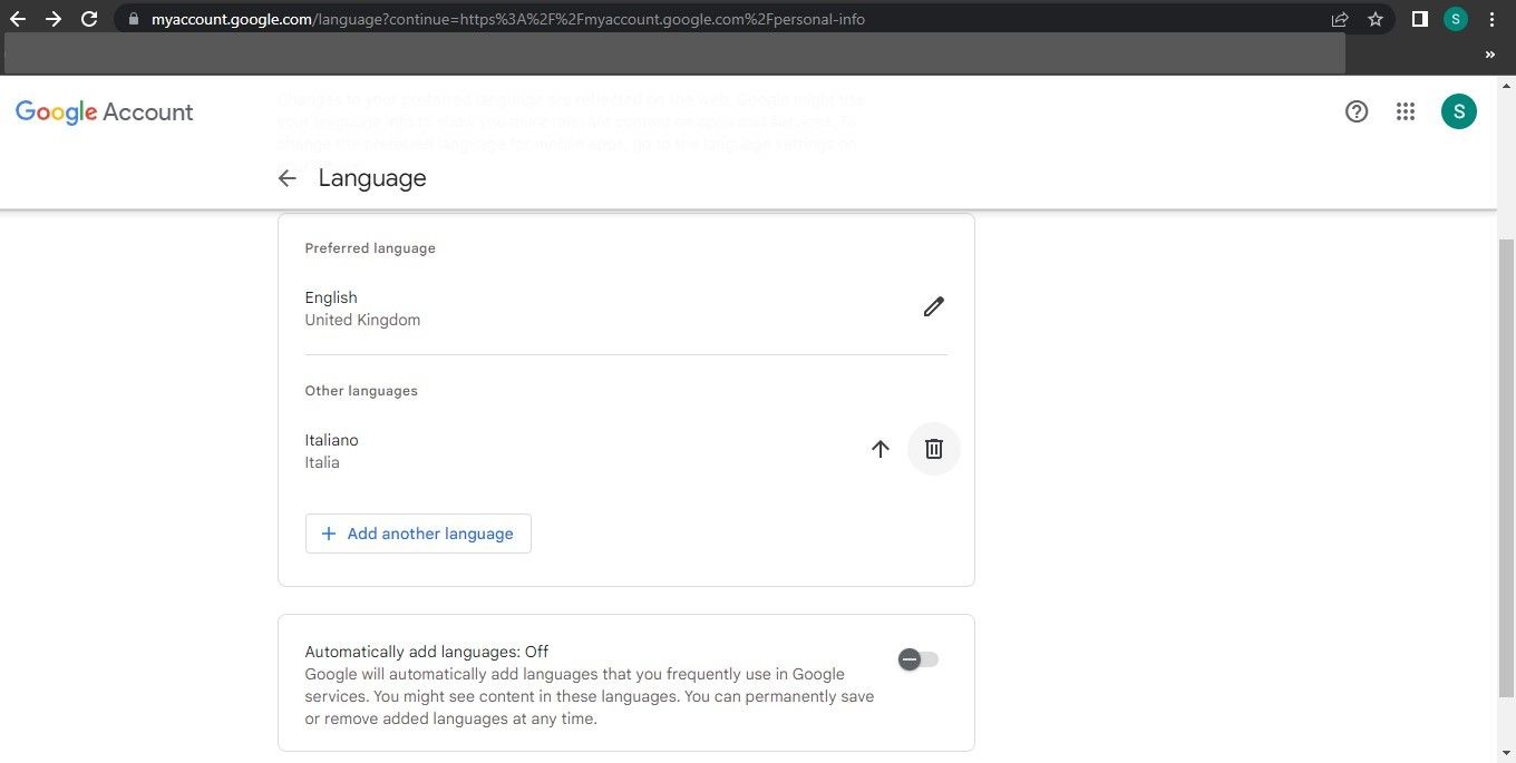 通過單擊刪除圖標並禁用 Google 帳戶設置中自動添加語言選項旁邊的切換來刪除其他語言 