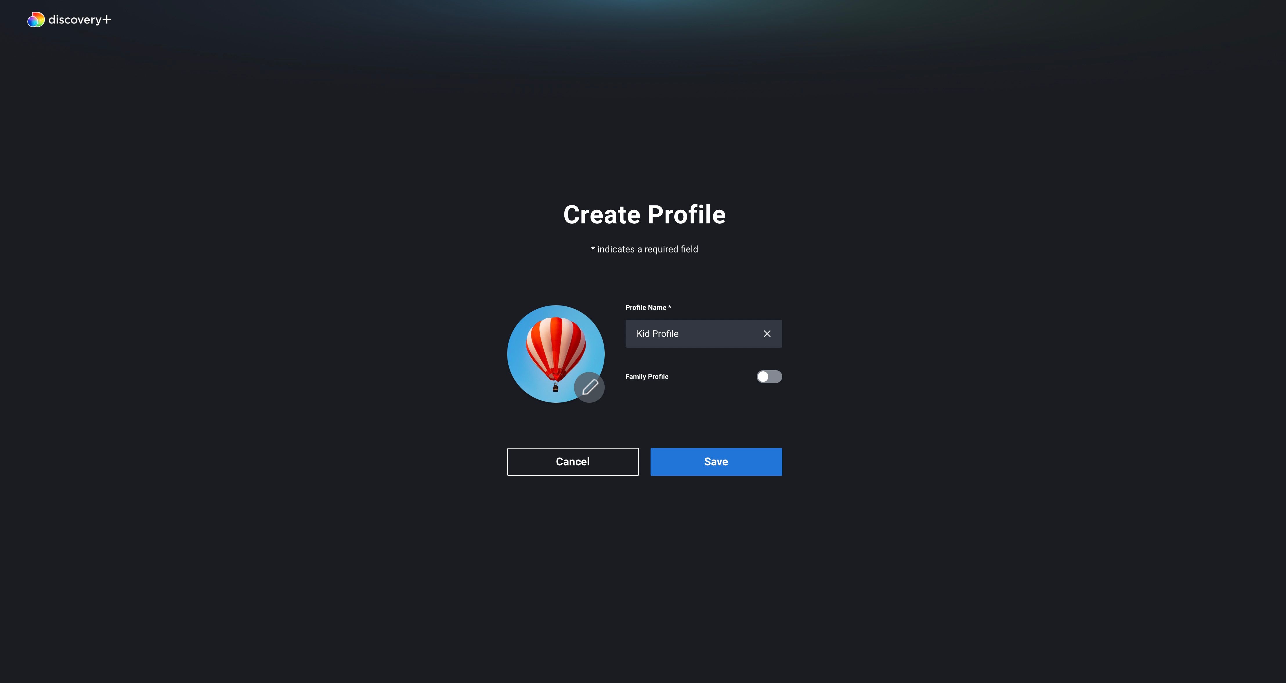 Discovery+ Family Profile Toggle Page with Hot Air Balloon Icon