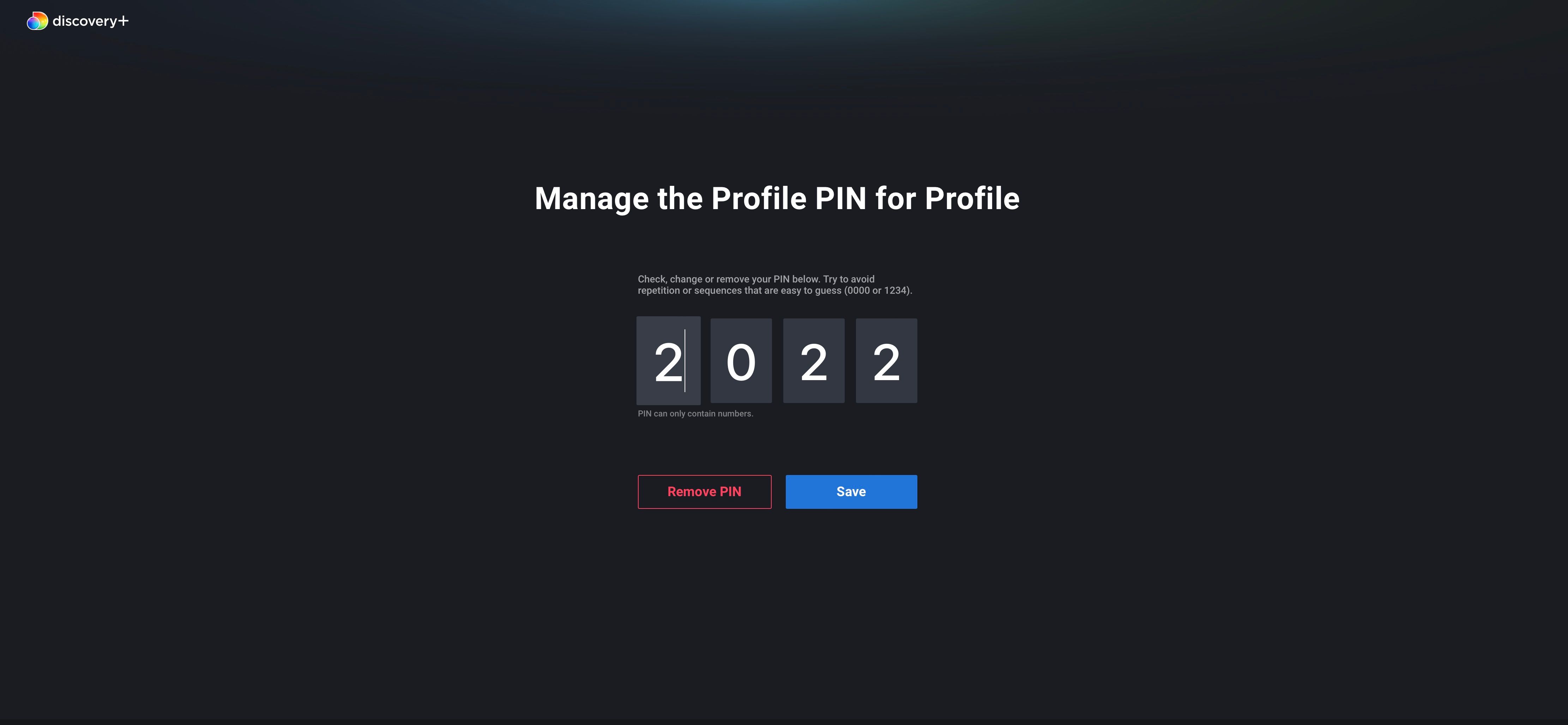 Discovery+ PIN page with 2022 PIN