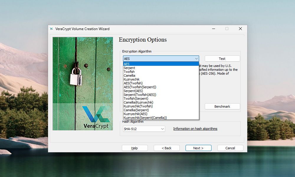 VeraCrypt 卷創建嚮導窗口提示選擇 VeraCrypt 卷加密和哈希算法