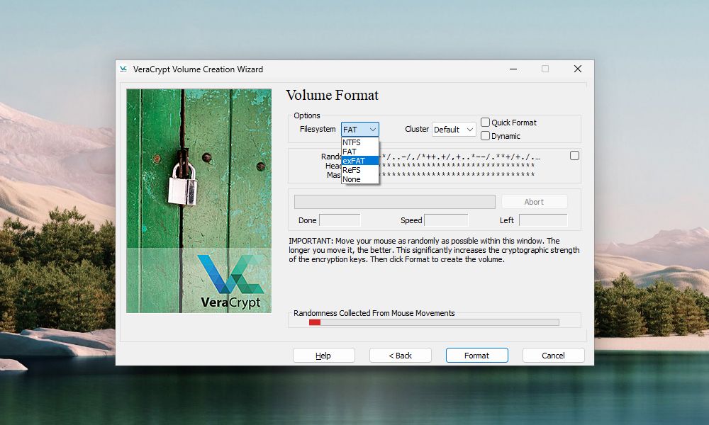 VeraCrypt 卷創建嚮導窗口提示選擇 VeraCrypt 卷文件系統格式