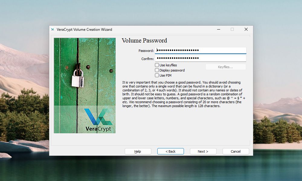 提示創建 VeraCrypt 卷密碼的 VeraCrypt 卷創建嚮導窗口