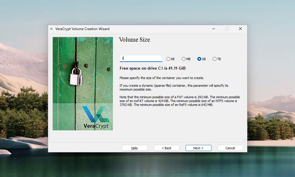 提示選擇 VeraCrypt 卷大小的 VeraCrypt 卷創建嚮導窗口